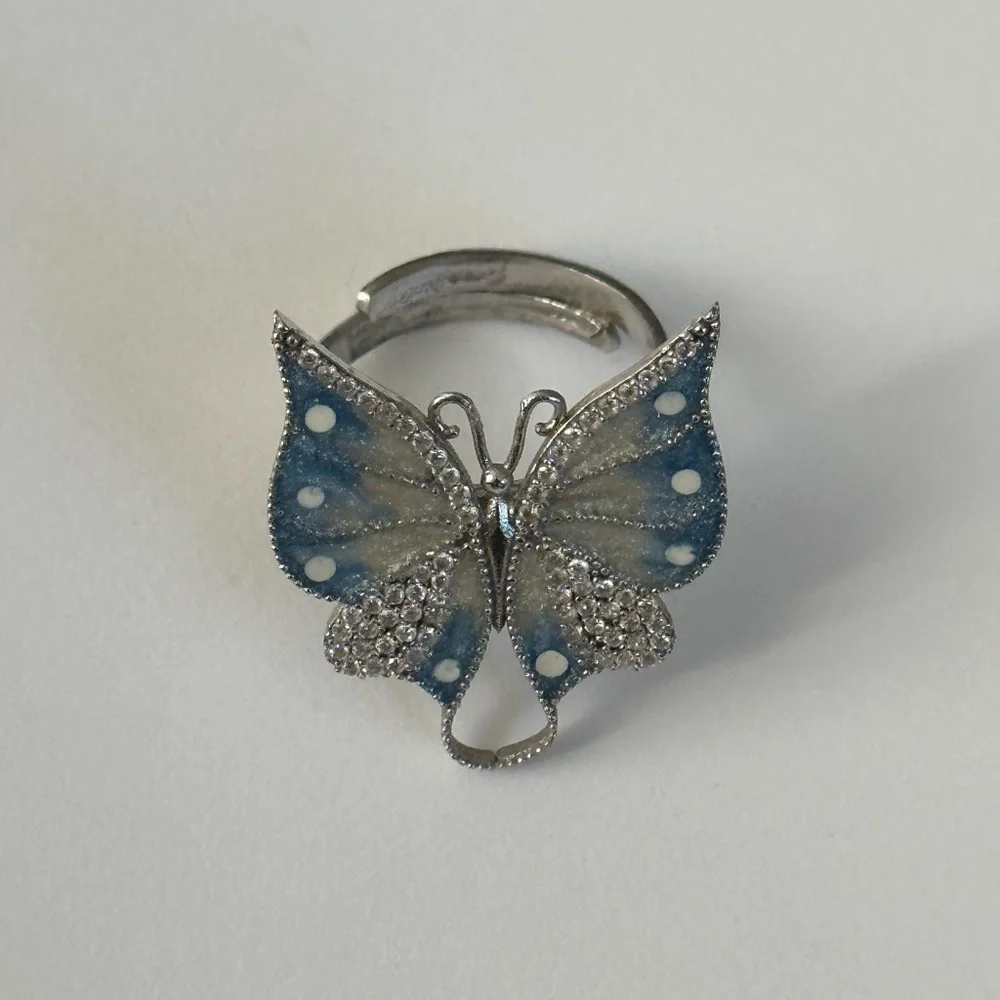 🦋925 Silver butterfly cz size adjustable ring handmade enamel